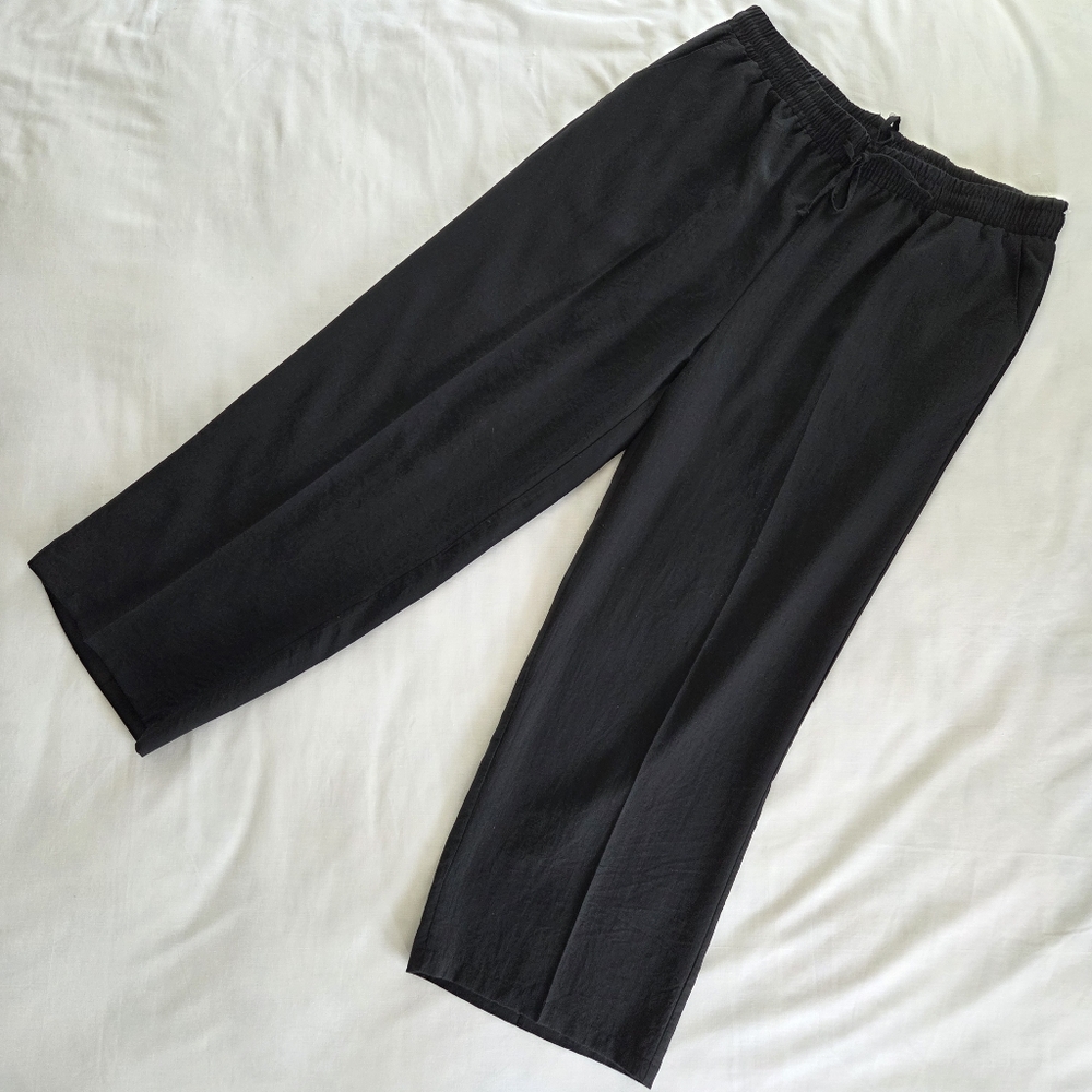 NWOT Linen Blend Elastic Waist‎ Drawstring Wide Leg Black Pants XXL